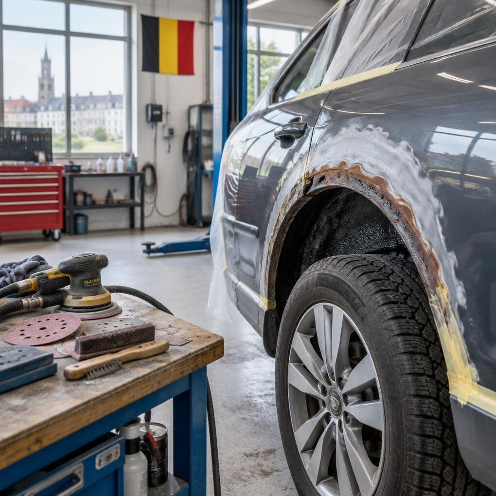 Car body workshop with a vehicle being prepared for rust repair